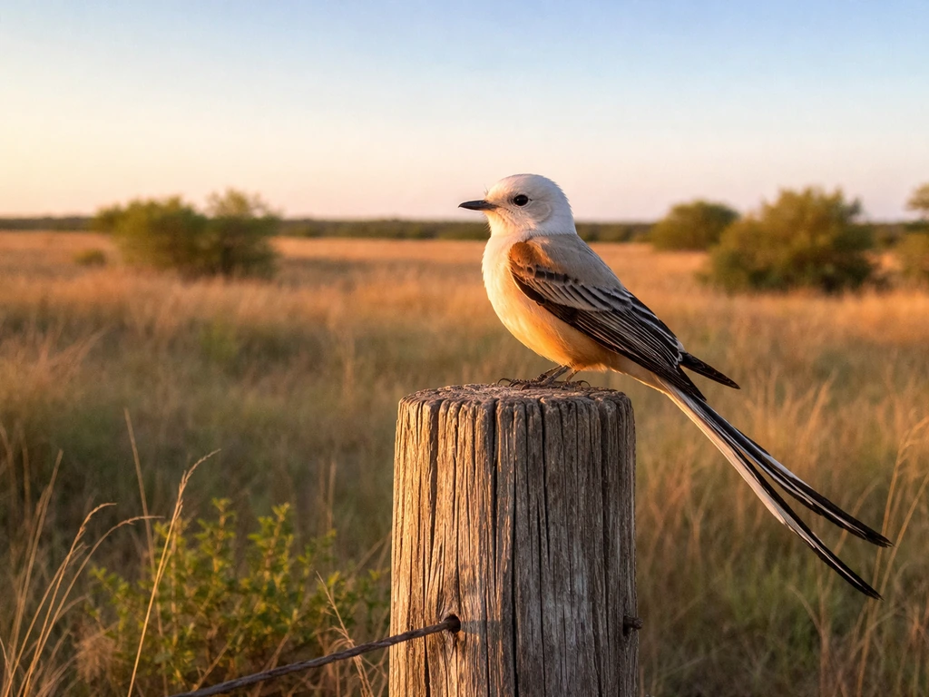 Scissor-tailed flycatcher perched on a fence in an open Oklahoma prairie at golden hour.