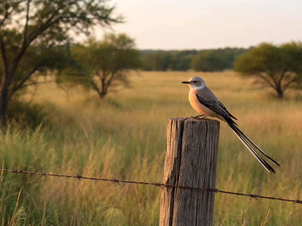 Scissor-tailed flycatcher perched on a fence post in open Oklahoma prairie with scattered trees