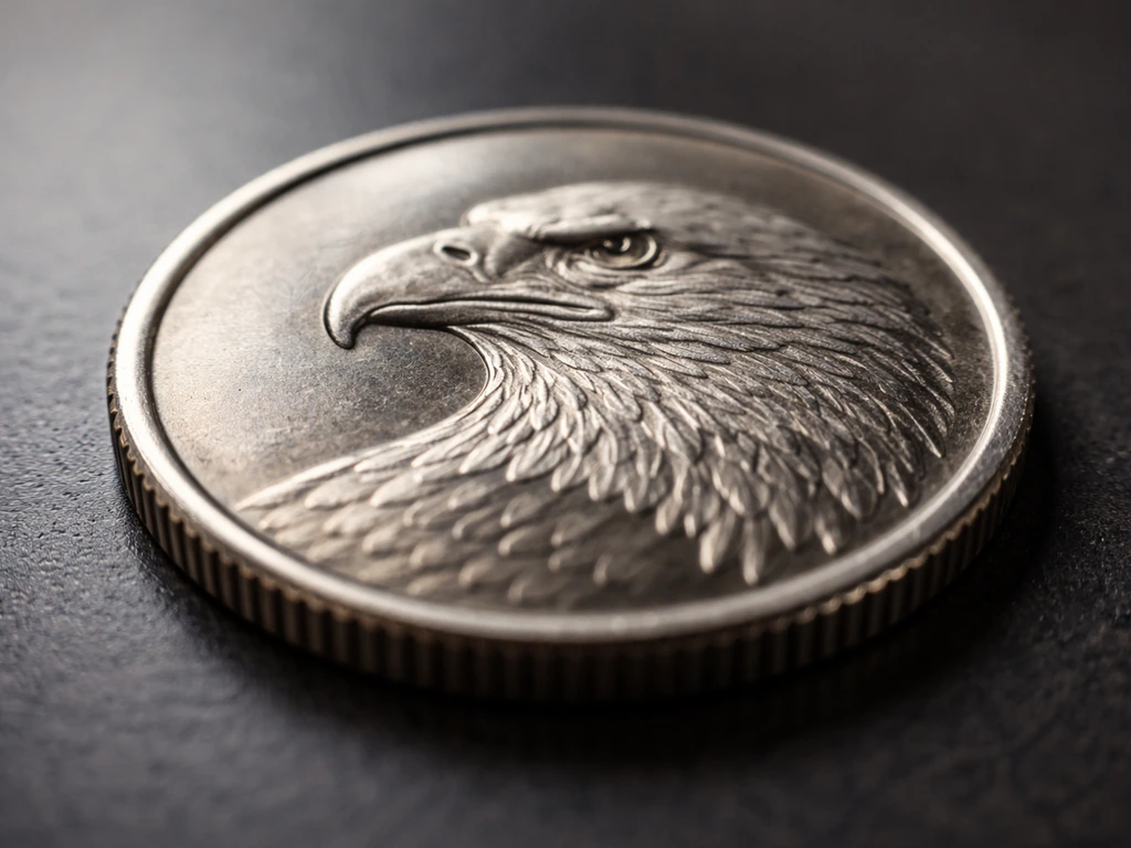 Close-up of a U.S. quarter on a dark table, showing the raised bird profile on the coin.