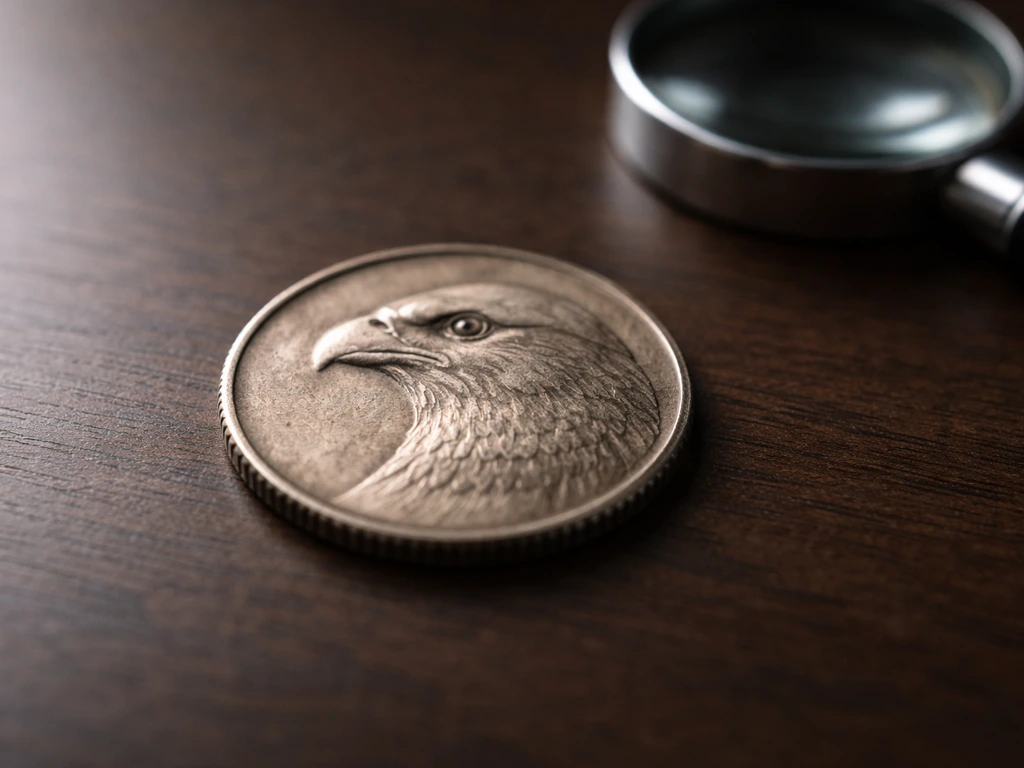 Close-up of an anonymous coin held above a dark desk, with focus on bird profile details, no text.