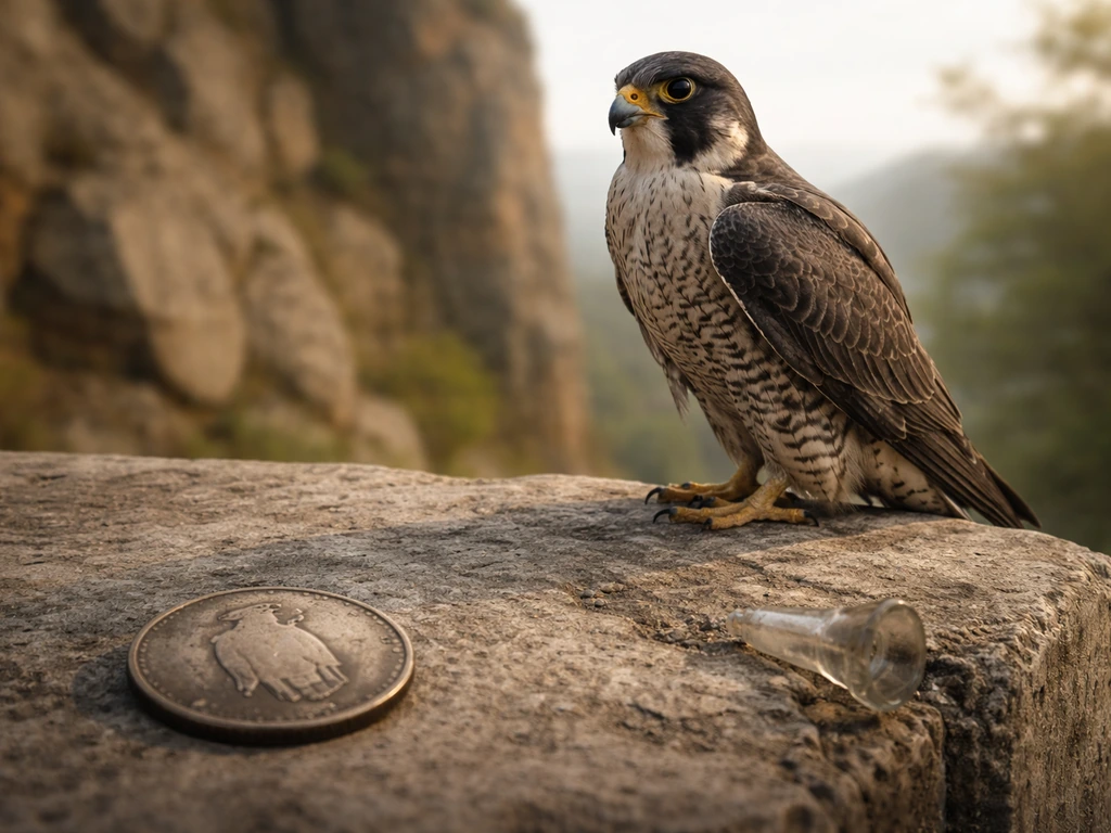 Peregrine falcon perched beside an antique-looking coin, evoking conservation recovery from DDT decline to protection.