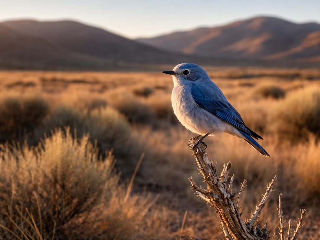 Mountain bluebird perched on sagebrush at golden hour with a softly blurred Idaho high-desert backdrop.