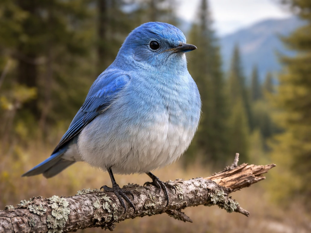 Close-up of a male mountain bluebird perched on a branch, showing blue upperparts and pale underparts.