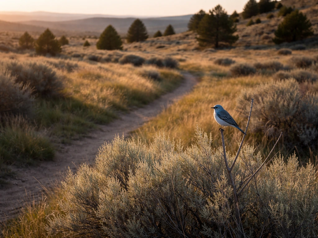 Mountain bluebird perched in Idaho sagebrush-steppe grassland among scattered shrubs at golden hour