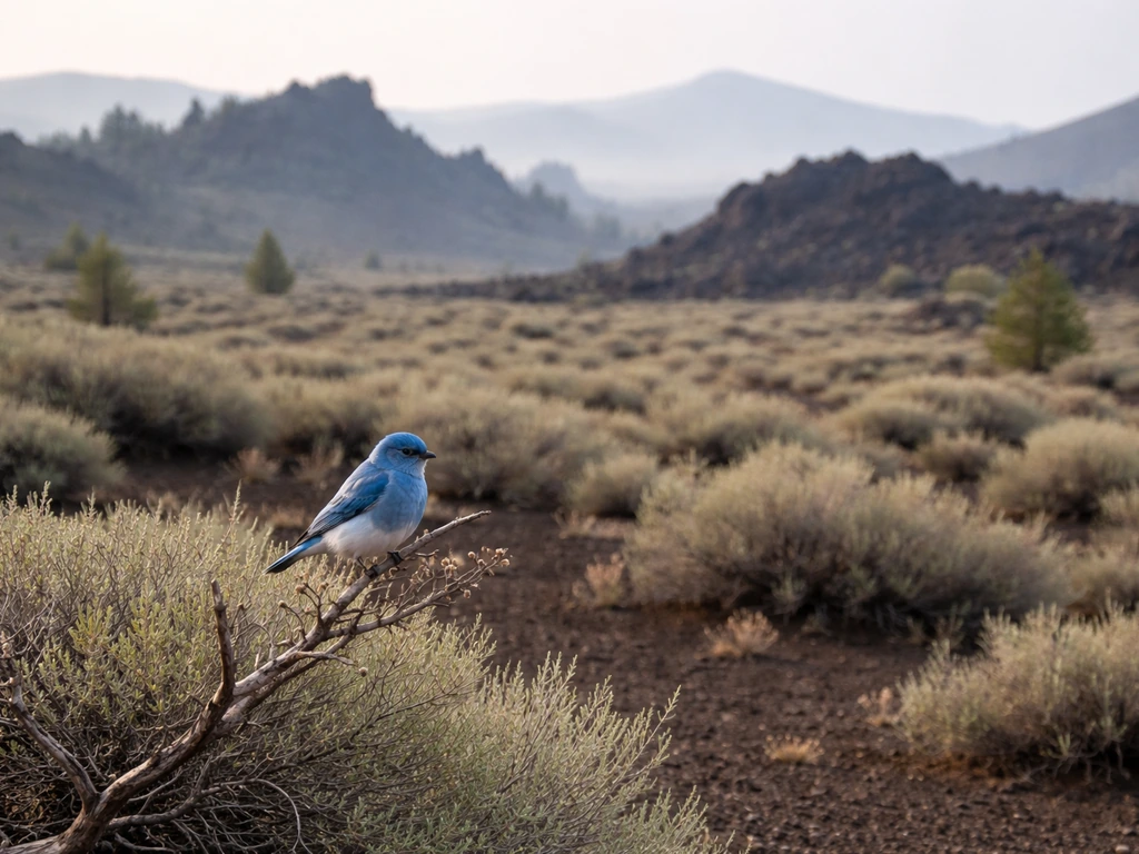 Mountain bluebird perched on a small branch overlooking open sage and volcanic landscape at Craters of the Moon