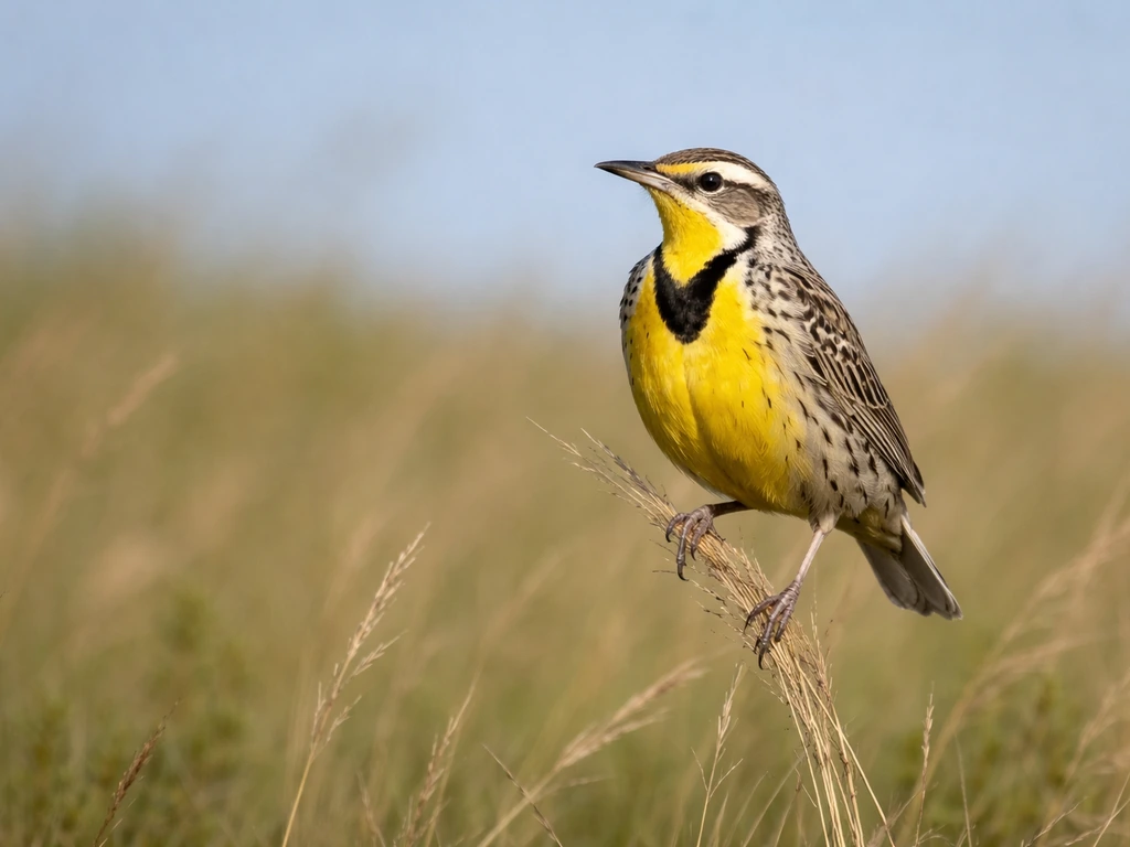 Western meadowlark perched in an open grassy meadow, showing its yellow chest and black “V” markings.