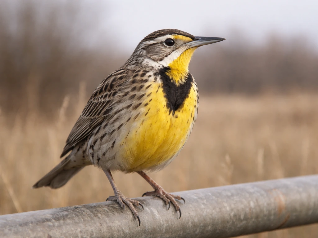 Western Meadowlark perched on a fence rail showing yellow breast and black V throat marking