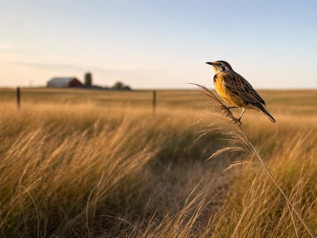 Western meadowlark perched on prairie grass over a working farm-style golden grassland.