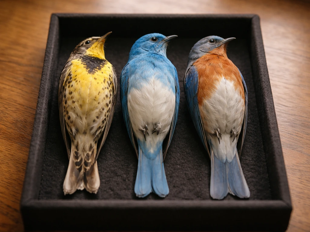 Minimal tabletop display showing three western state birds, with Nevada’s Mountain Bluebird in the center.