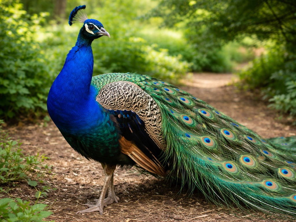 Vivid blue peacock in an outdoor green setting with iridescent feathers in soft natural light.