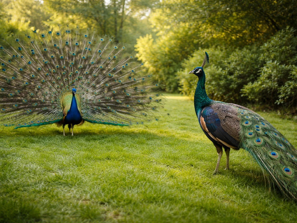 Male peacock fanning its tail beside a look-alike peafowl species in a grassy garden.