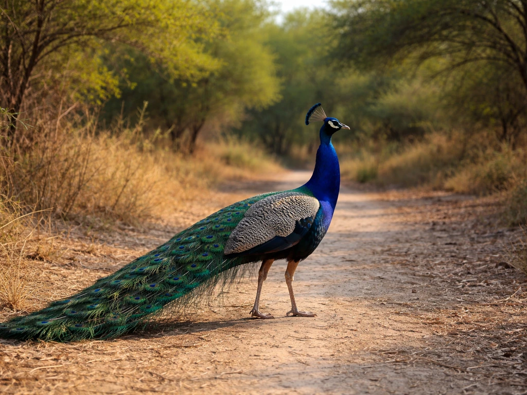 A peafowl in a dry scrubby habitat with low trees and grass in warm natural light.