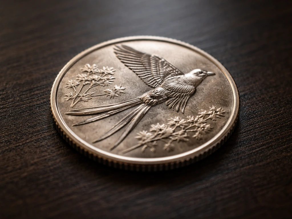 Close-up of an Oklahoma quarter featuring a scissor-tailed flycatcher with forked tail feathers