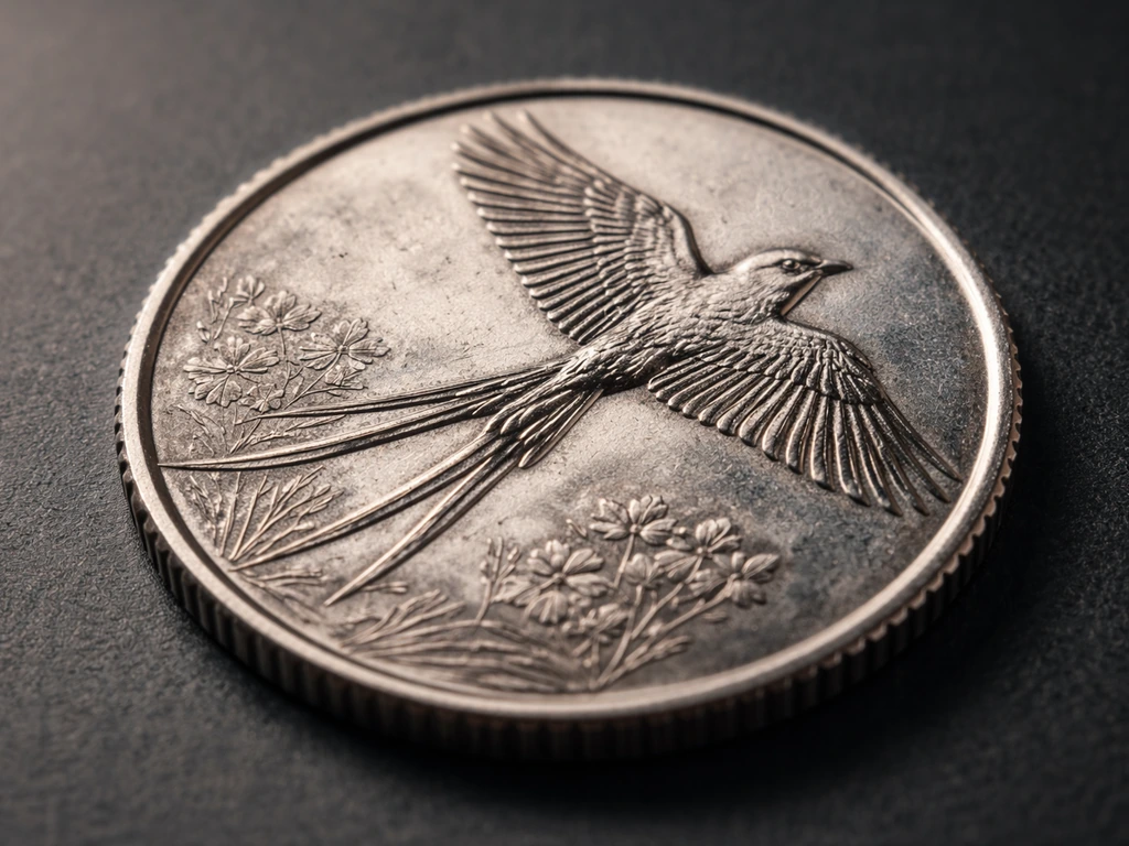 Macro close-up of an Oklahoma quarter showing an engraved scissor-tailed flycatcher in flight.