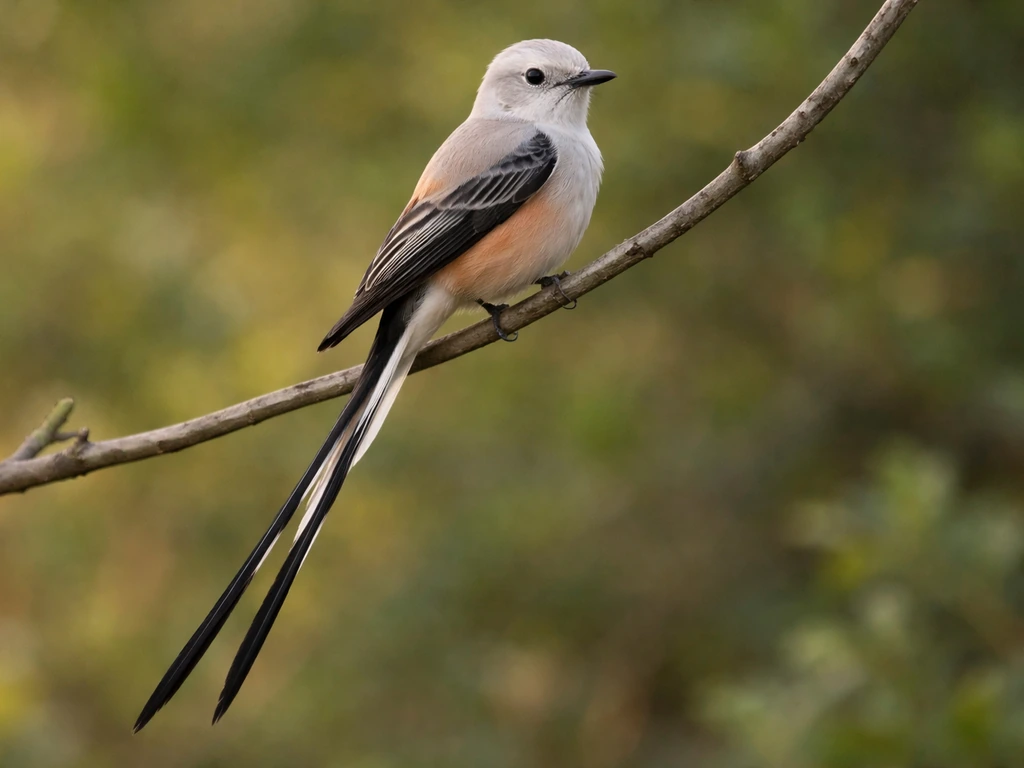 Close-up of a scissor-tailed flycatcher showing long forked black tail, pale gray body, salmon flanks, stout bill.
