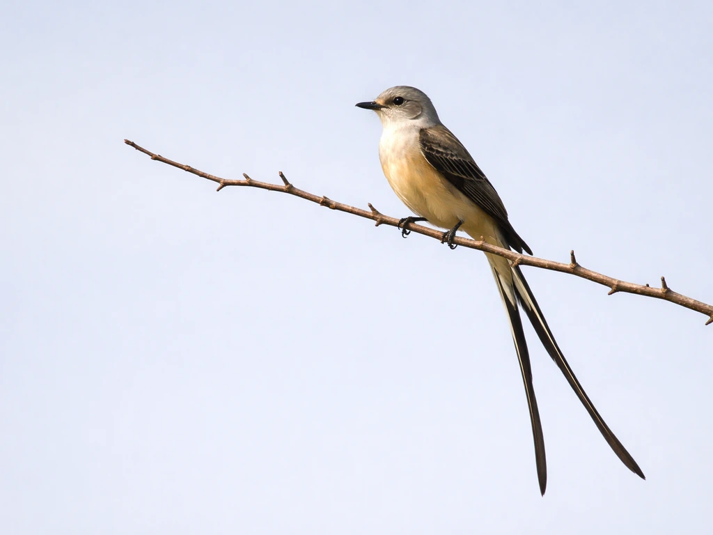 Minimal photo of a scissor-tailed flycatcher-like bird with a long forked tail on a clear sky.