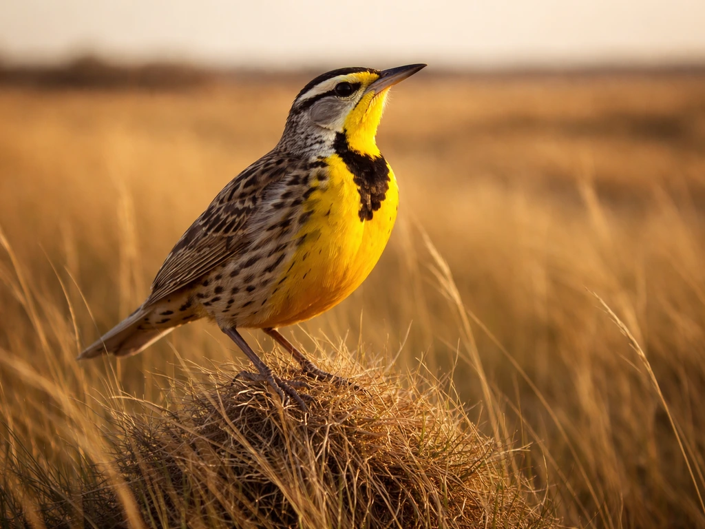 Western Meadowlark perched in a Nebraska-like field, showing a bright yellow breast and bold black V.