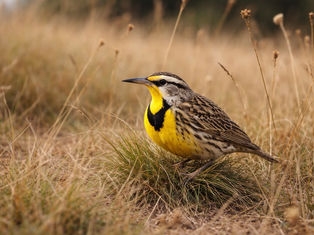 Western meadowlark perched in a meadow, flat head and slender bill visible in natural light.