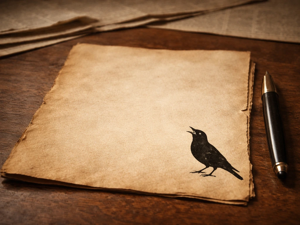 Sepia 1929-style document on a wooden desk with an antique pen and a meadowlark silhouette.
