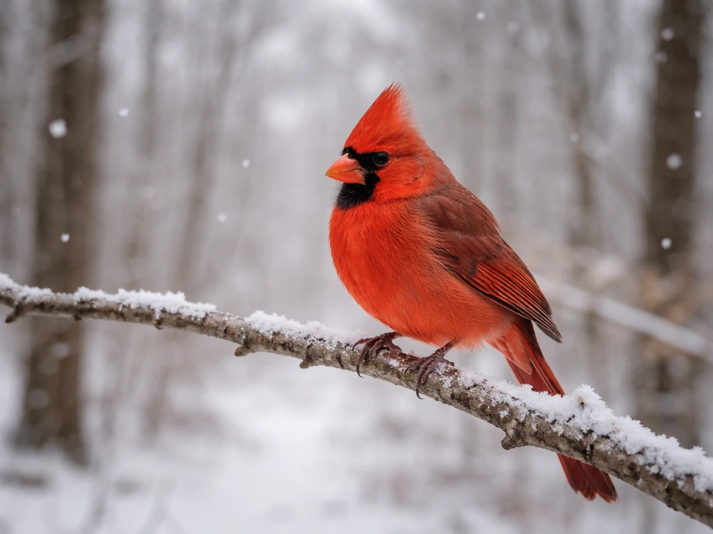 Bright northern cardinal perched on snowy bare branches in a quiet Virginia winter landscape.