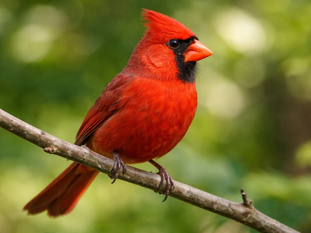 Close-up of a male Northern Cardinal perched outdoors, red plumage, crest, and curved beak visible.