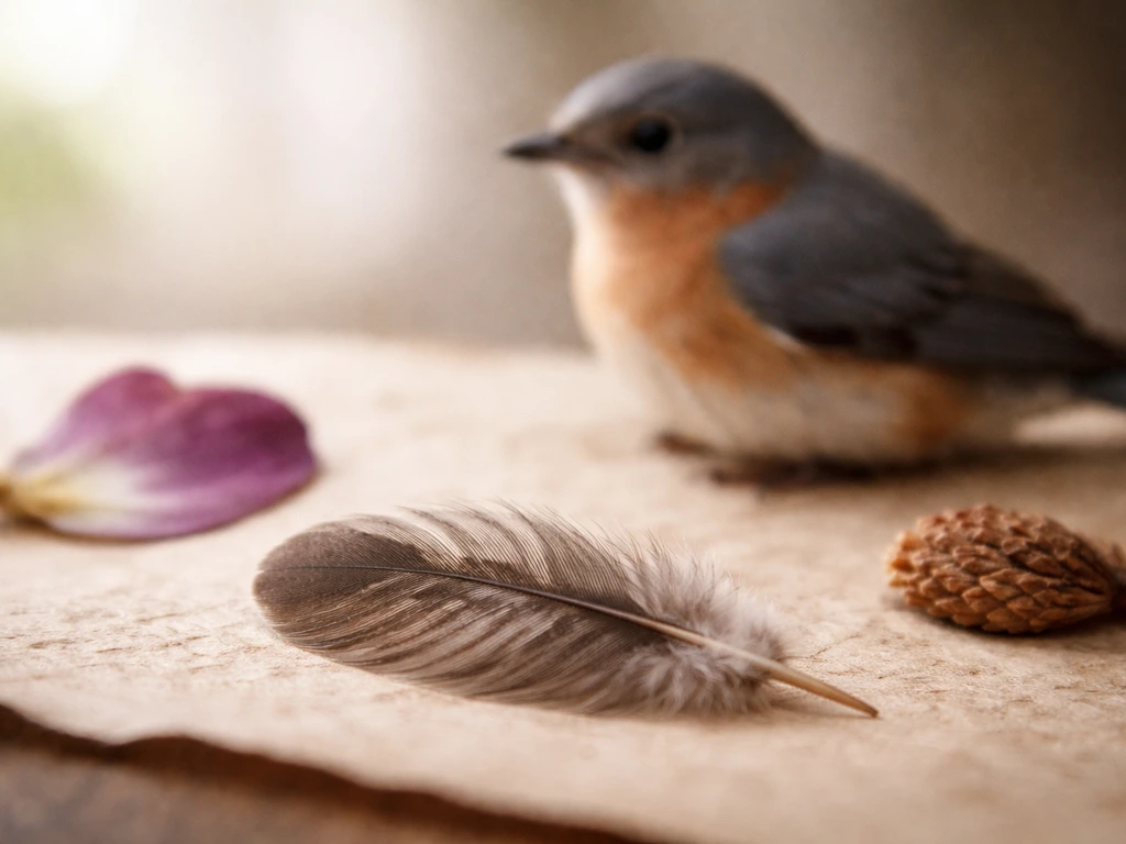 Close-up of bird feathers with blurred pressed flower and wood craft items, symbolizing state honors.