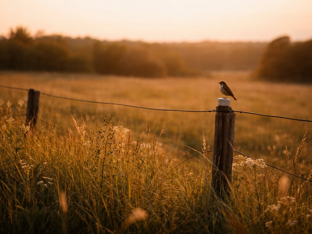 Meadow edge with a fence line and utility wires; a small songbird perched in tall grass.