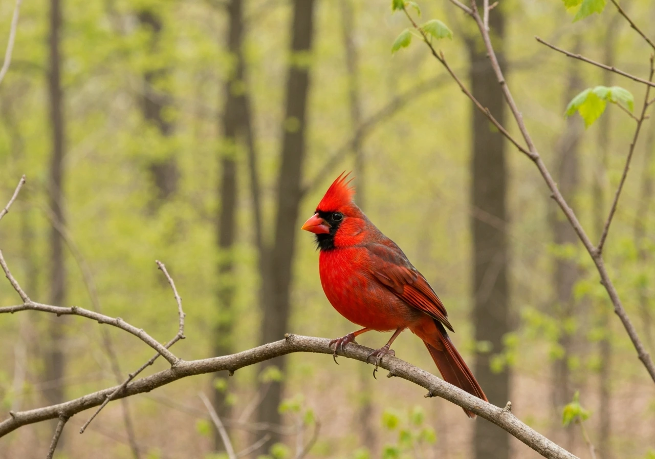 Northern Cardinal perched on a twig at a Kentucky woodland edge with early-spring leafy background bokeh.