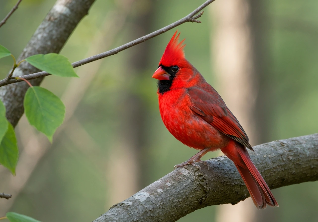 Male Northern Cardinal perched on a Kentucky tree branch with vivid red plumage and crest