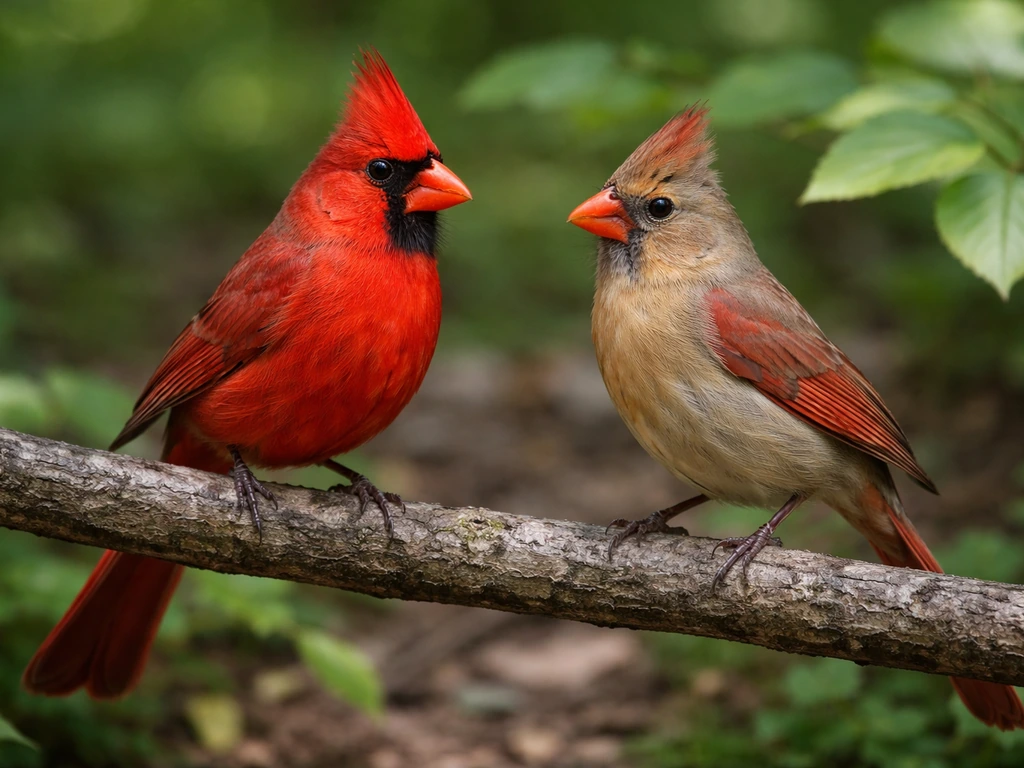 Wild male and female Northern Cardinals perched on a branch, highlighting red vs muted plumage and crests.