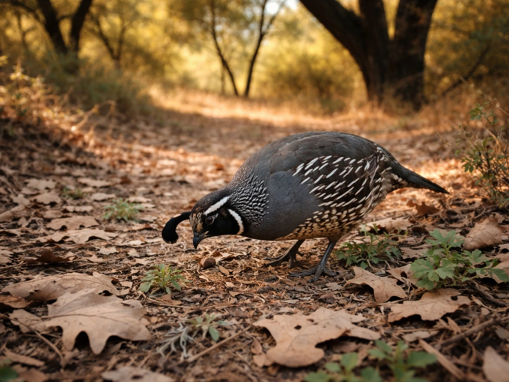 California quail foraging on leaf litter in open oak woodland with native scrub understory.