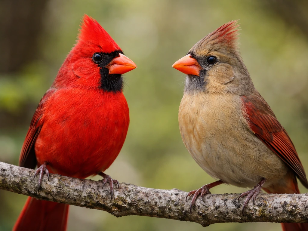 Adult male and female Northern Cardinals side-by-side on a branch, showing red versus muted plumage.