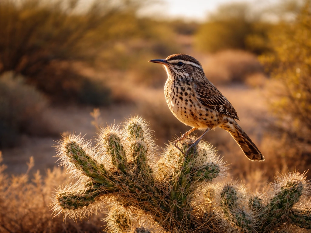 Cactus wren perched on cholla cactus in Arizona desert scrub with soft creosote background.