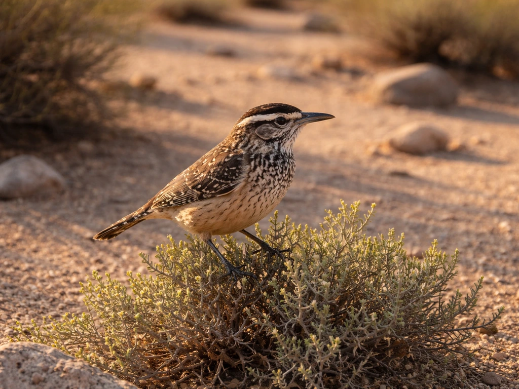 Cactus wren perched on desert scrub in Arizona-like Sonoran/Chihuahuan habitat under warm sunlight.