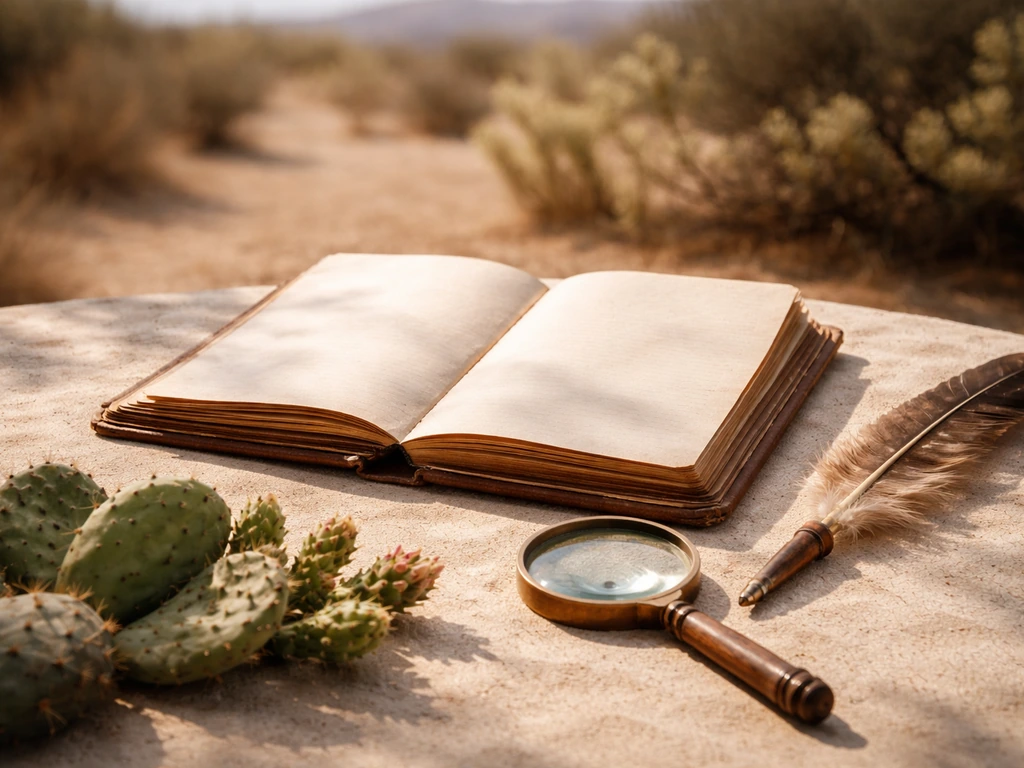 Open vintage field notebook, quill and magnifying glass on a desert surface with cactus plants nearby.