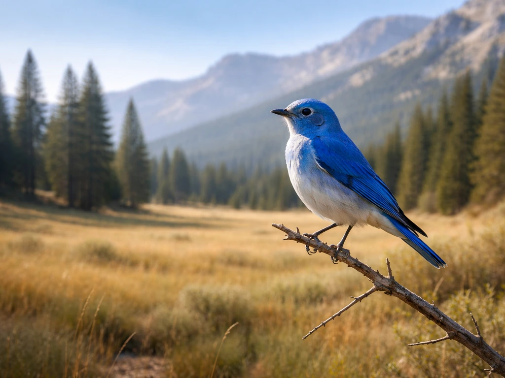 Mountain bluebird perched in an open Nevada-like meadow with distant pines and blue sky.