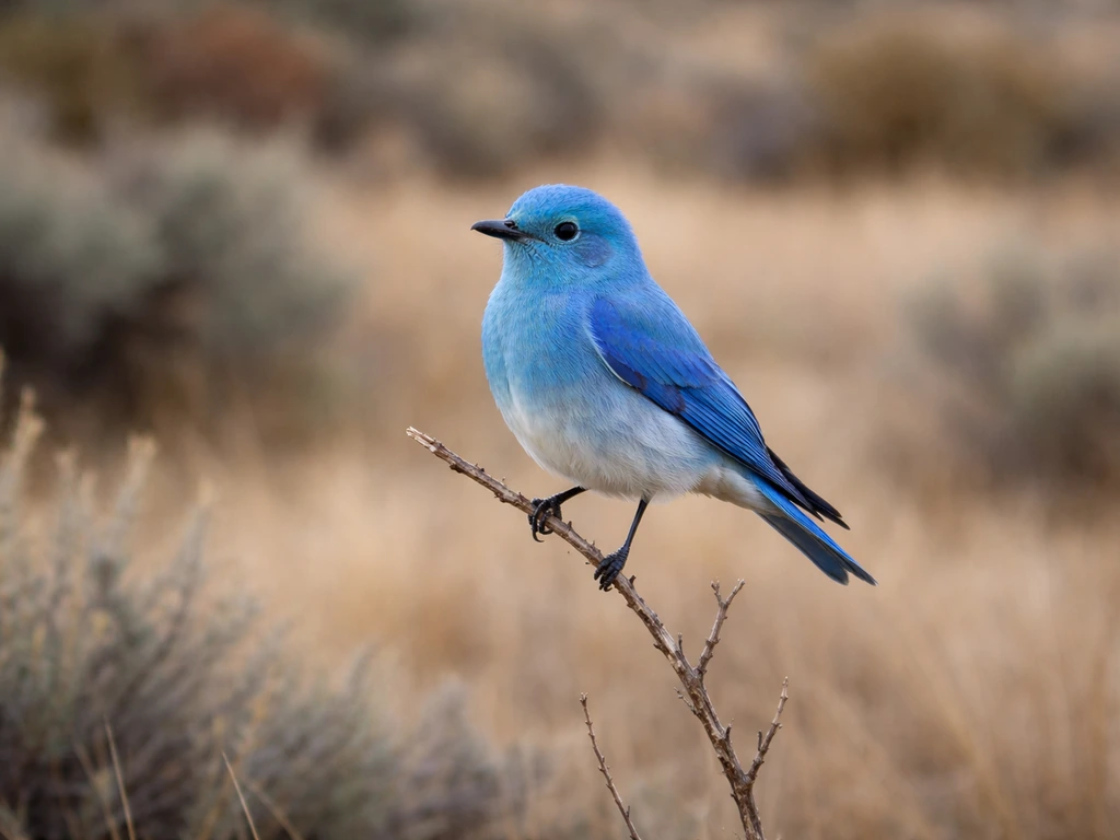Male Mountain Bluebird perched on a twig with sky-blue wings and darker tail against an open meadow.