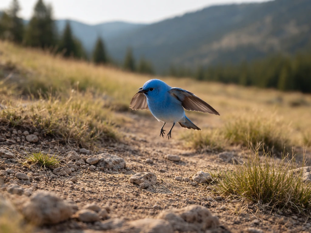 Mountain bluebird hovering over open rocky ground in a high-elevation Nevada meadow