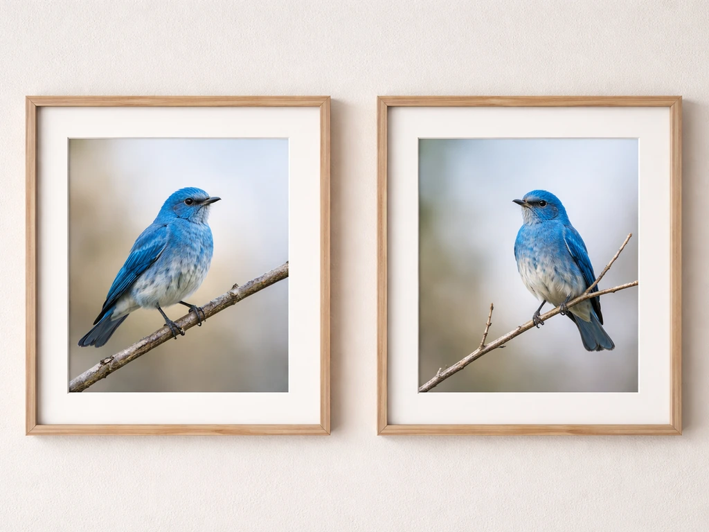 Two side-by-side framed photos of a bluebird on a branch representing Nevada and Idaho comparison.
