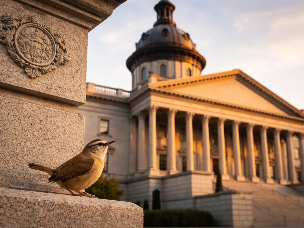 Exterior view of South Carolina State House with a small wren perched near a subtle crest detail