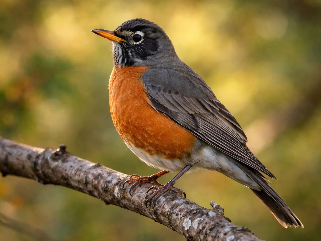 Side view of an American robin showing brick-red breast, broken white eye ring, yellow bill, and tail corner spots.