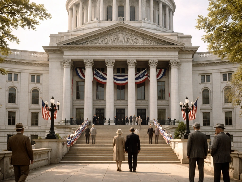 Wisconsin State Capitol steps in Madison during a 1949-era ceremony with a few anonymous attendees.