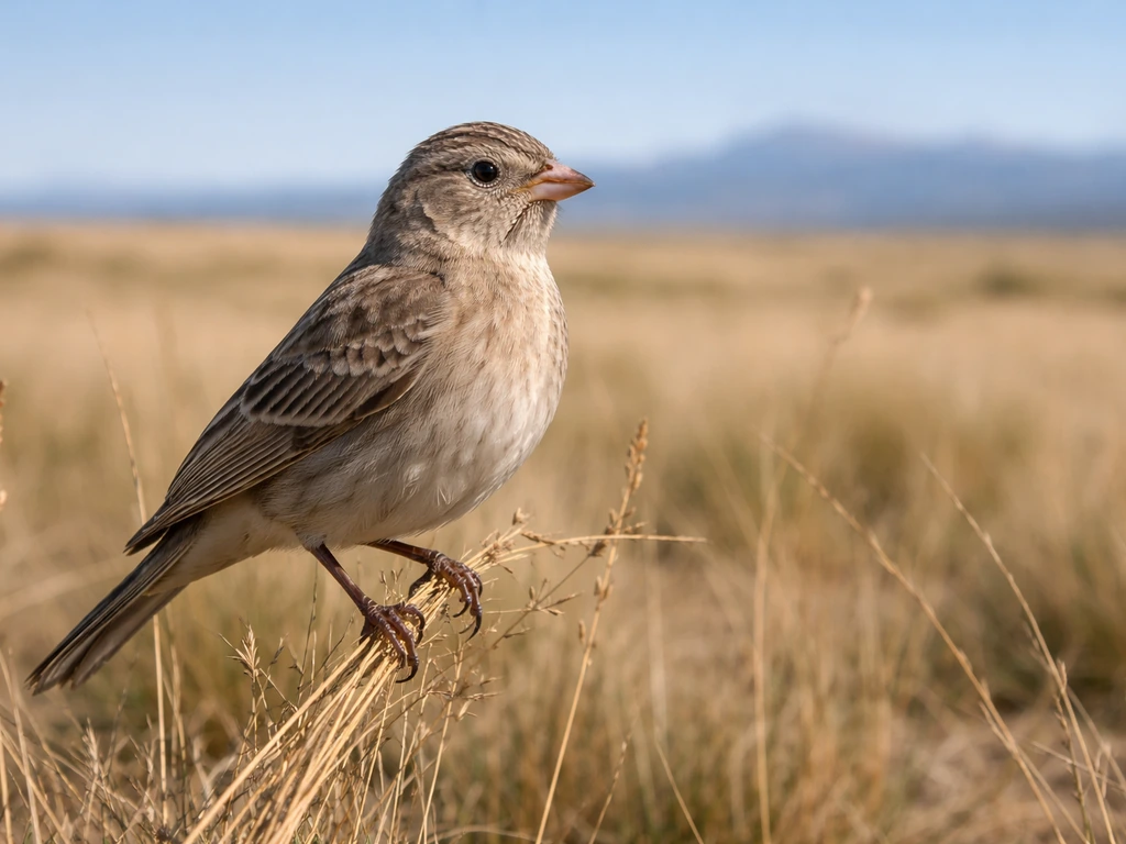Lark bunting perched in Colorado shortgrass prairie with distant mountains and soft natural light.