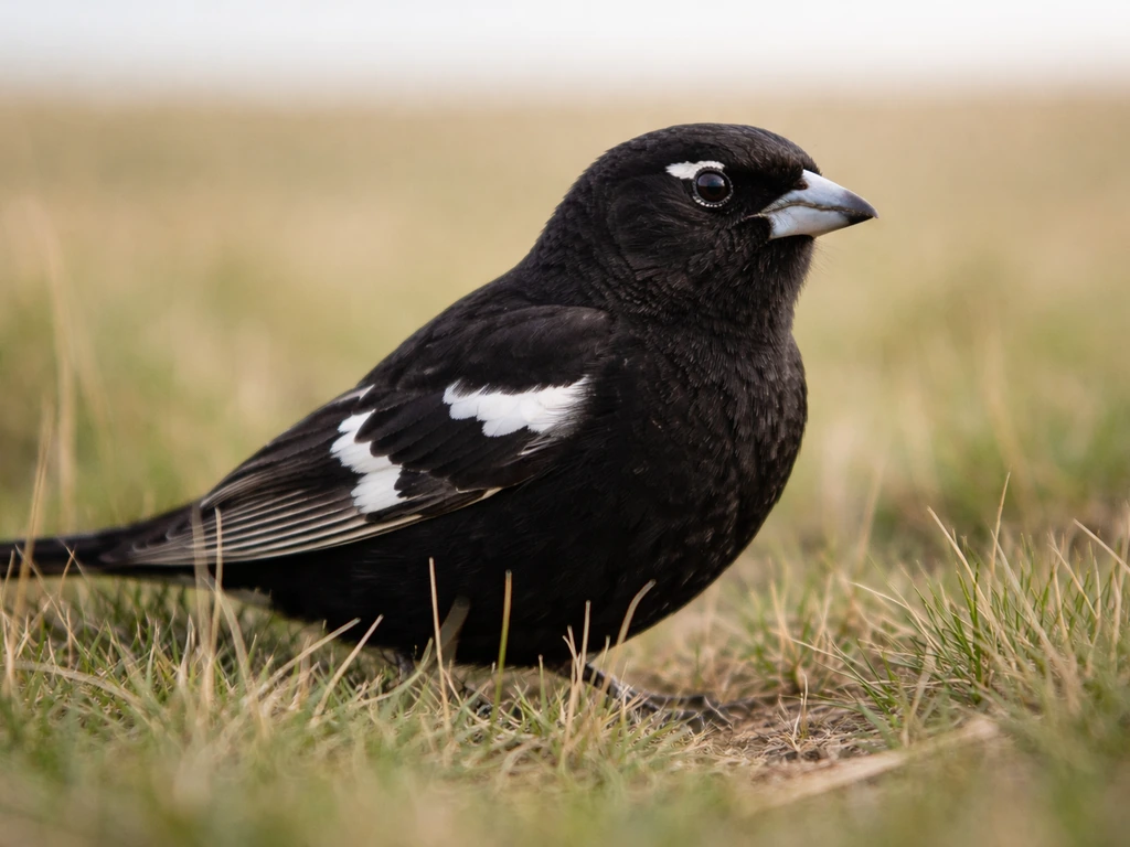 Close-up of a lark bunting on Colorado shortgrass prairie with contrasting black and pale markings