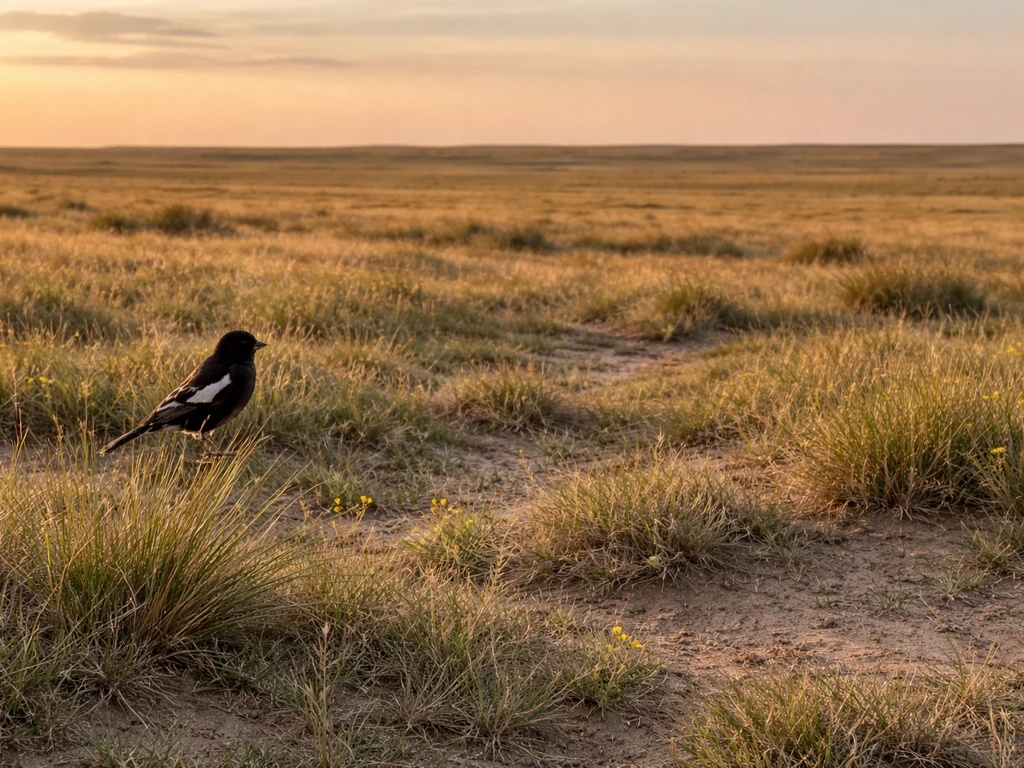 Lark bunting perched on shortgrass in Colorado’s eastern prairie with nesting habitat cues