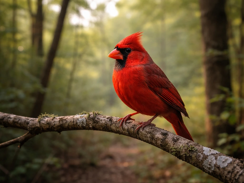 Northern Cardinal perched on a branch at a Kentucky woodland edge with natural morning light