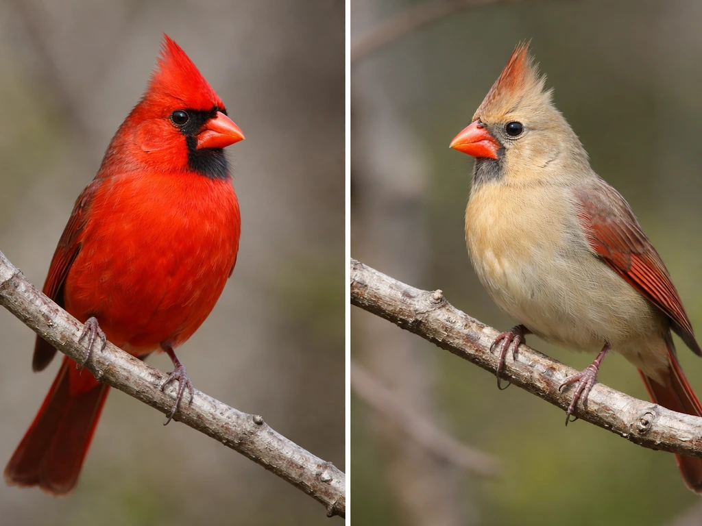 Male and female Northern Cardinals perched side by side, highlighting red male and buffy-brown female differences.
