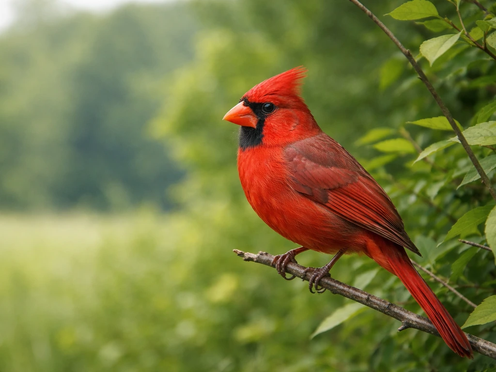 Bright red male northern cardinal perched beside leafy Kentucky brush in natural light