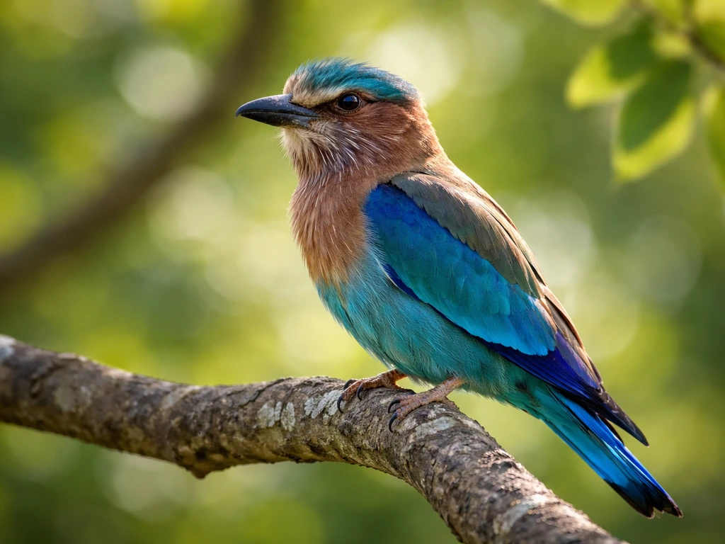 A brightly colored Indian Roller perched on a tree branch with soft green foliage in the background.