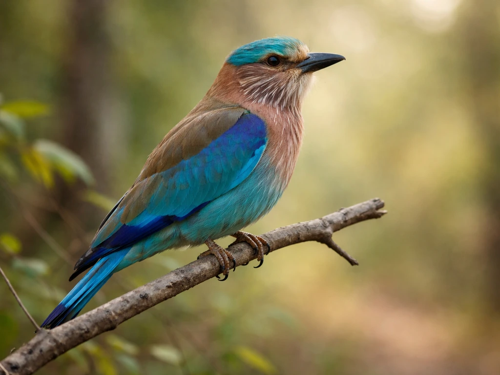 Indian Roller perched side view showing blue-green head and brownish back in natural setting